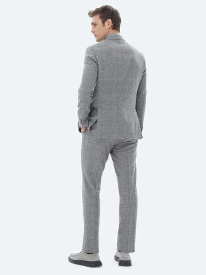 Gri Çizgili Modern Fit Yün Karışımlı Takım Elbise