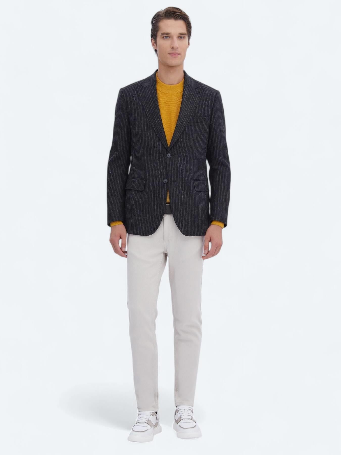 Antrasit Desenli Modern Fit Yün Karışımlı Ceket