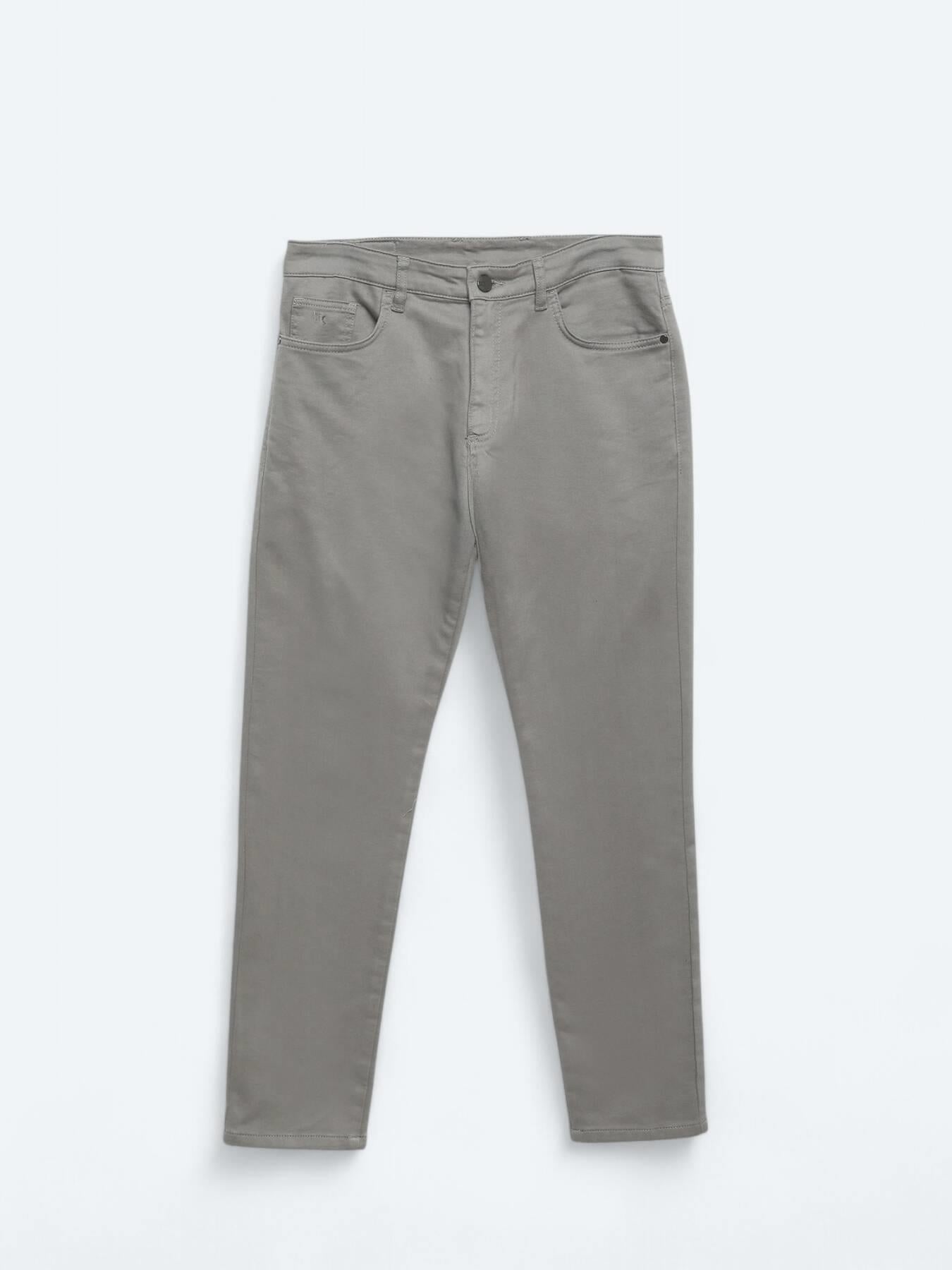 Gri Dokuma Slim Fit Casual Pamuk Karışımlı Pantolon
