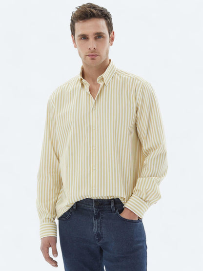 Sarı Çizgili Regular Fit Uzun Dokuma Casual %100 Pamuk Gömlek