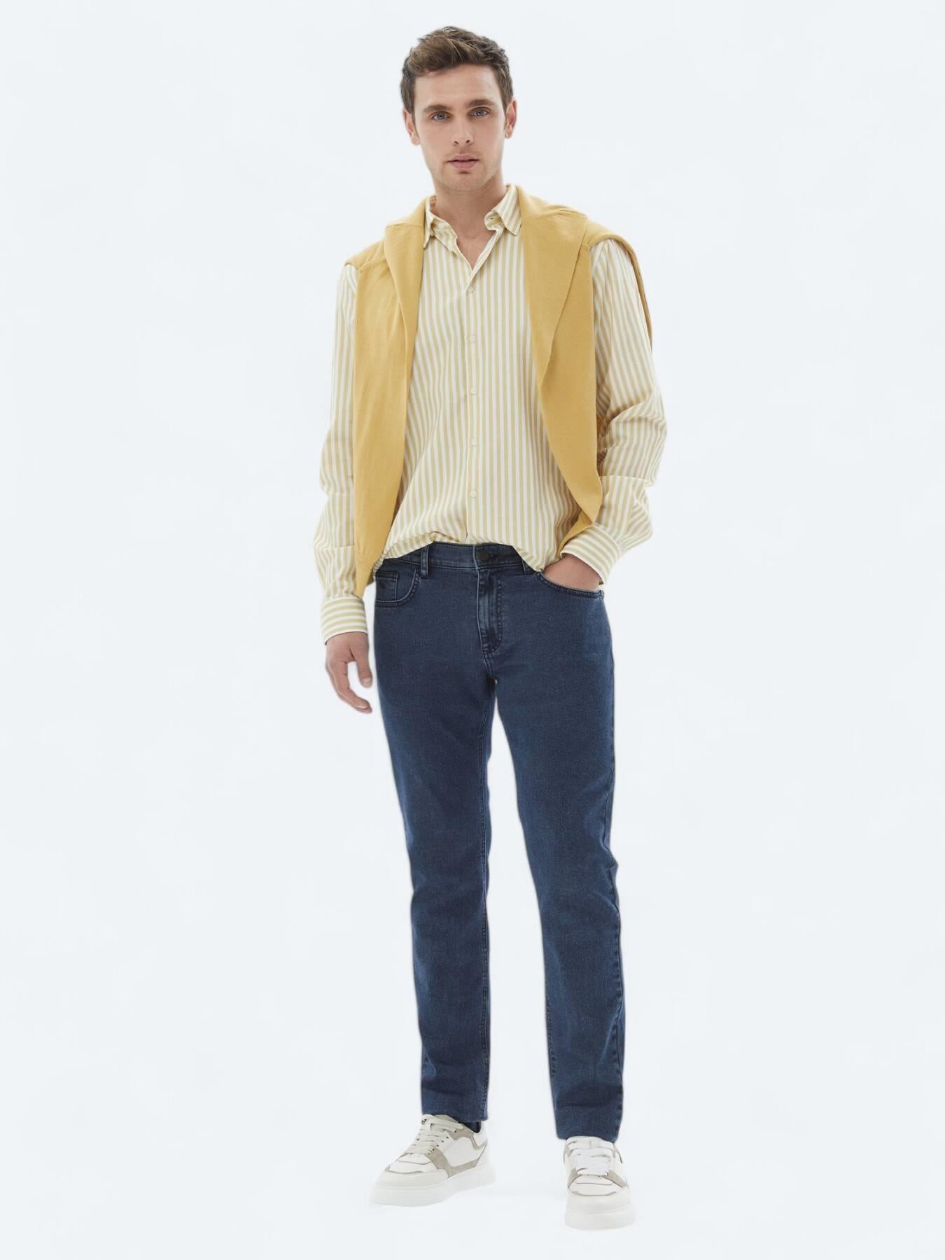 Sarı Çizgili Regular Fit Uzun Dokuma Casual %100 Pamuk Gömlek