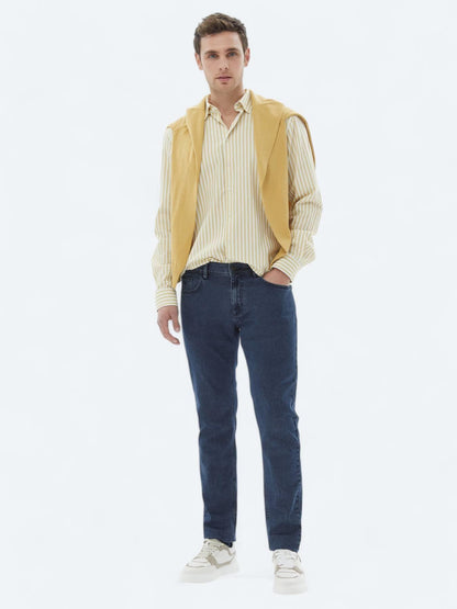 Sarı Çizgili Regular Fit Uzun Dokuma Casual %100 Pamuk Gömlek