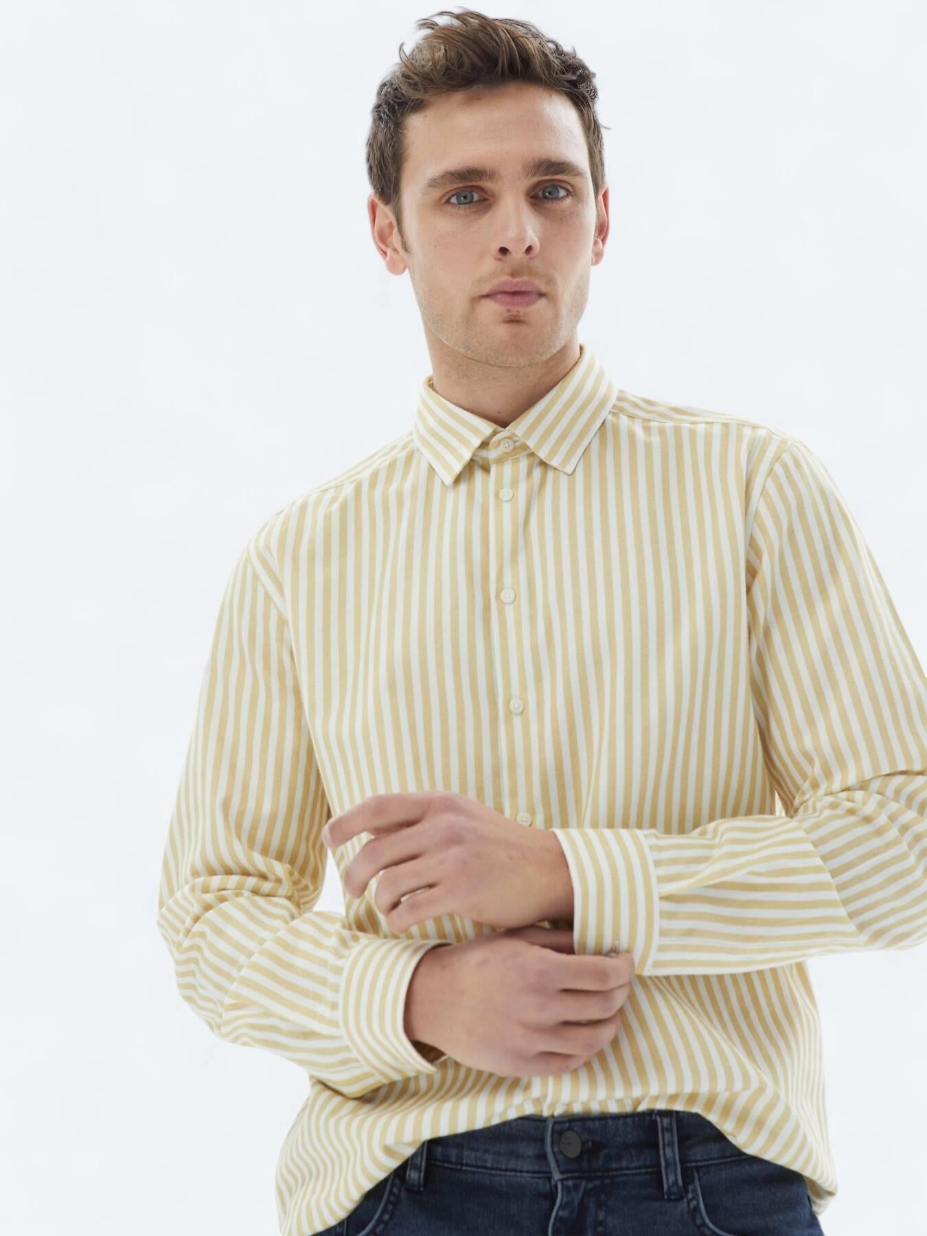 Sarı Çizgili Regular Fit Uzun Dokuma Casual %100 Pamuk Gömlek
