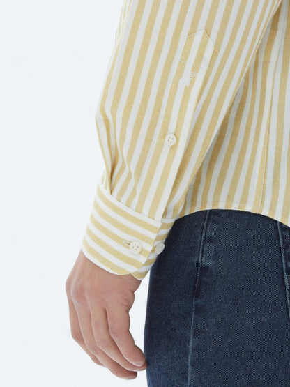 Sarı Çizgili Regular Fit Uzun Dokuma Casual %100 Pamuk Gömlek