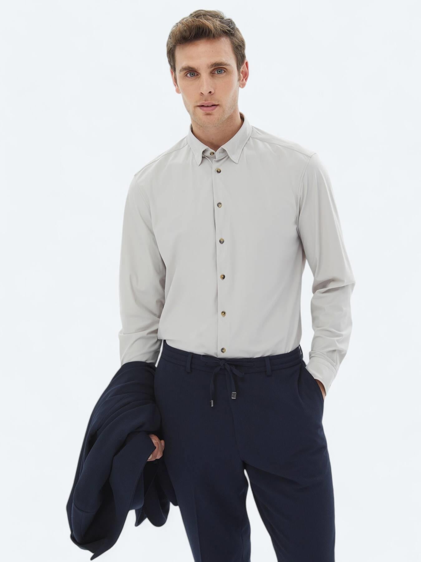 Ekru Düz Regular Fit Uzun Casual Gömlek