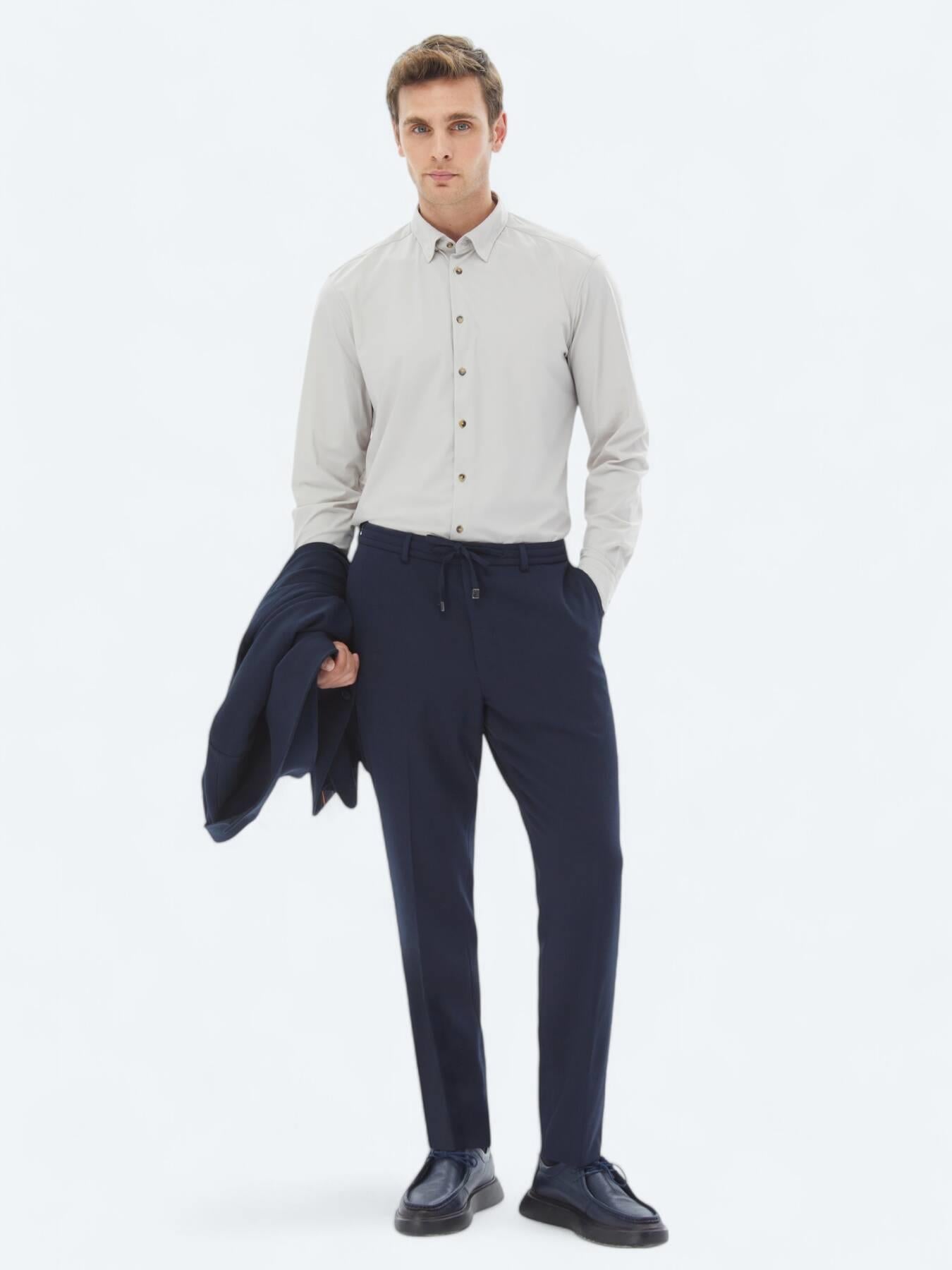 Ekru Düz Regular Fit Uzun Casual Gömlek