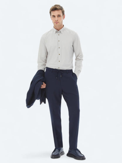 Ekru Düz Regular Fit Uzun Casual Gömlek