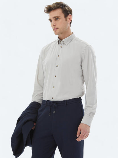 Ekru Düz Regular Fit Uzun Casual Gömlek