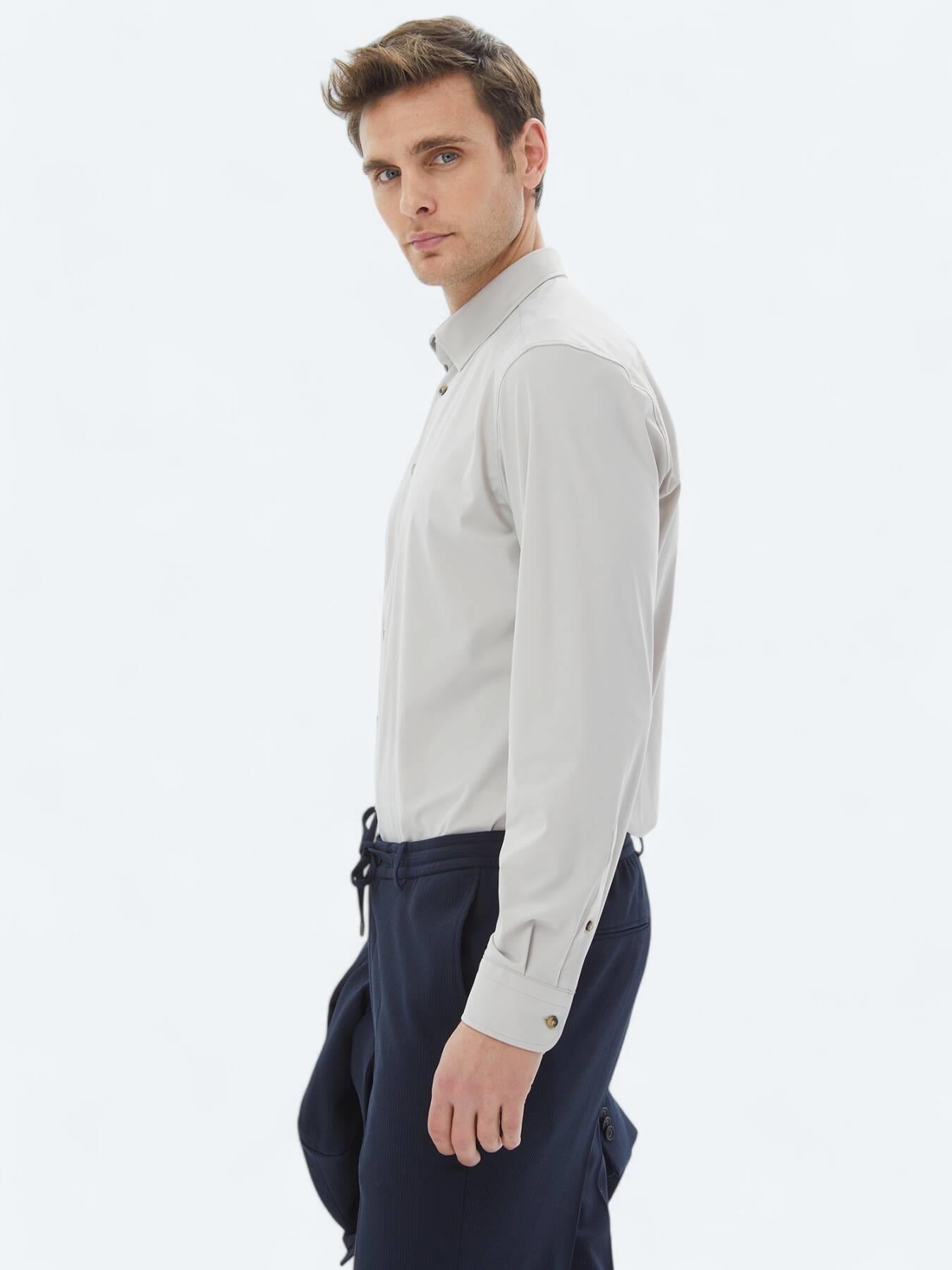 Ekru Düz Regular Fit Uzun Casual Gömlek