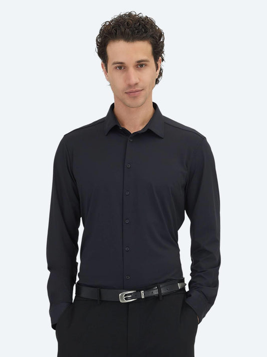 Siyah Düz Regular Fit Uzun Casual Gömlek