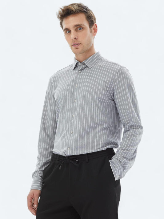 Gri Çizgili Regular Fit Uzun Casual Pamuk Karışımlı Gömlek