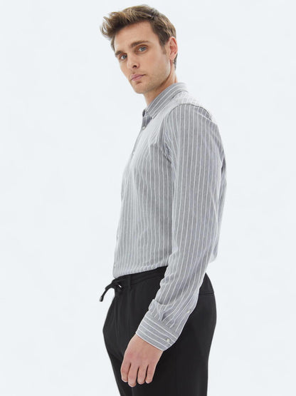 Gri Çizgili Regular Fit Uzun Casual Pamuk Karışımlı Gömlek
