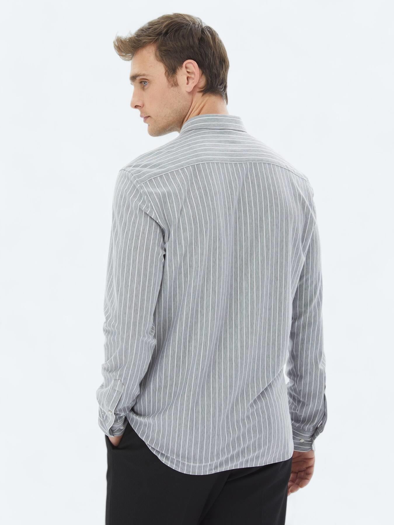 Gri Çizgili Regular Fit Uzun Casual Pamuk Karışımlı Gömlek