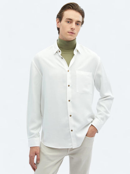 Beyaz Fitilli Oversize Fit Uzun Dokuma Casual Gömlek
