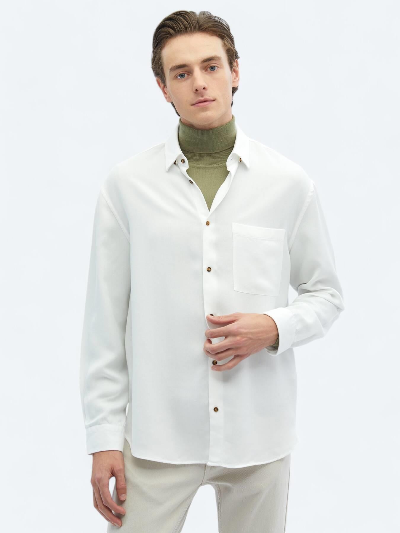 Beyaz Fitilli Oversize Fit Uzun Dokuma Casual Gömlek