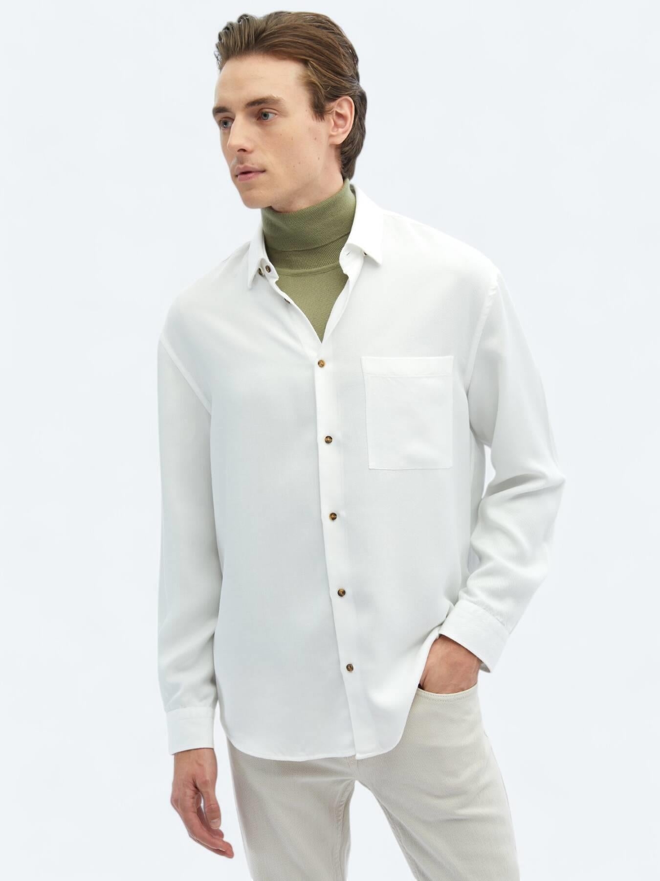 Beyaz Fitilli Oversize Fit Uzun Dokuma Casual Gömlek