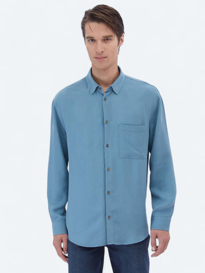 Koyu Mint Fitilli Oversize Fit Uzun Dokuma Casual Gömlek