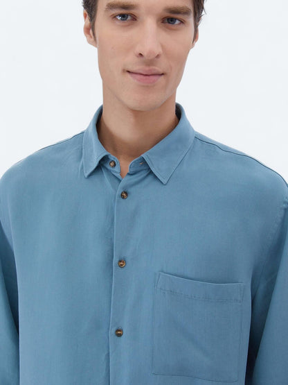 Koyu Mint Fitilli Oversize Fit Uzun Dokuma Casual Gömlek