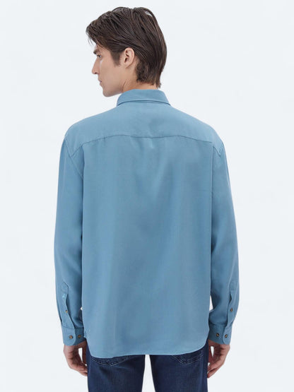 Koyu Mint Fitilli Oversize Fit Uzun Dokuma Casual Gömlek