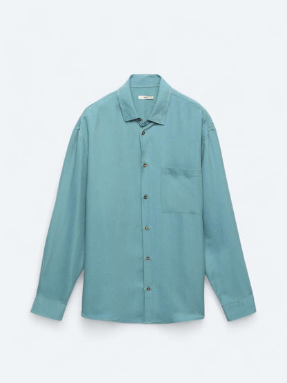 Koyu Mint Fitilli Oversize Fit Uzun Dokuma Casual Gömlek