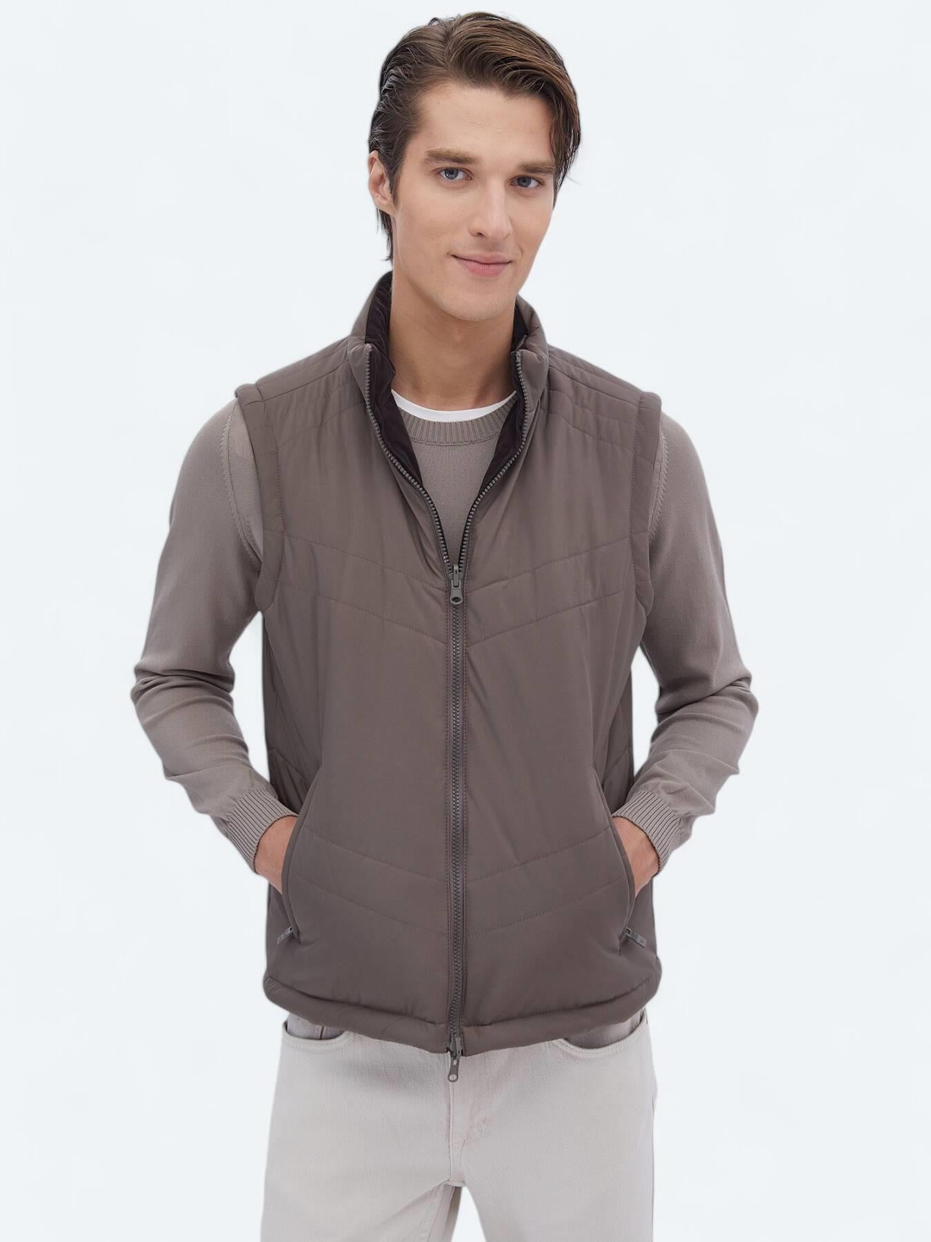 Koyu Vizon Regular Fit Gizli Kapüşon Casual Dokuma Spor Yelek