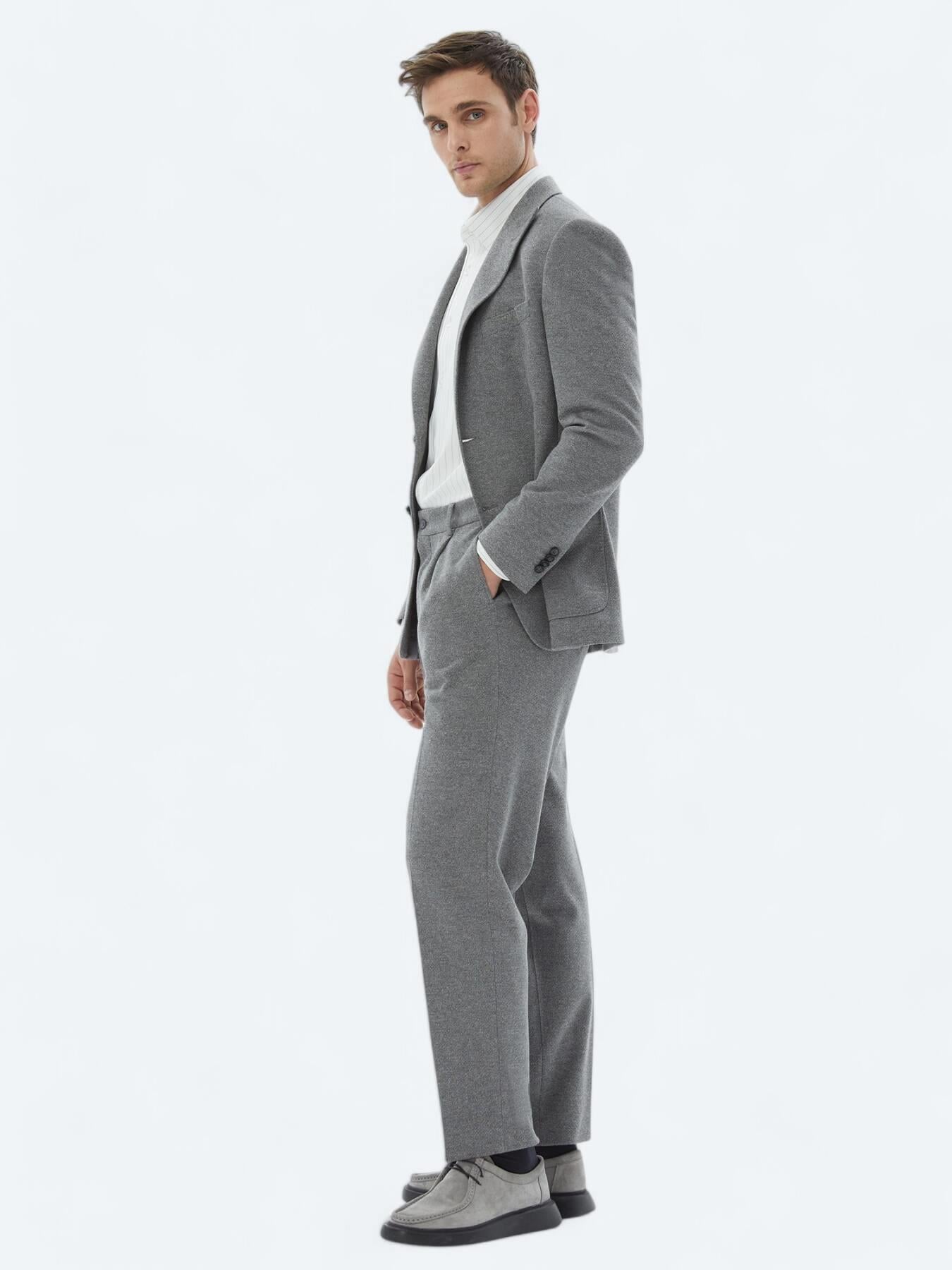 Gri Desenli Modern Fit Pamuk Karışımlı Örme Takım Elbise