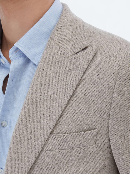 Bej Desenli Modern Fit Pamuk Karışımlı Örme Takım Elbise