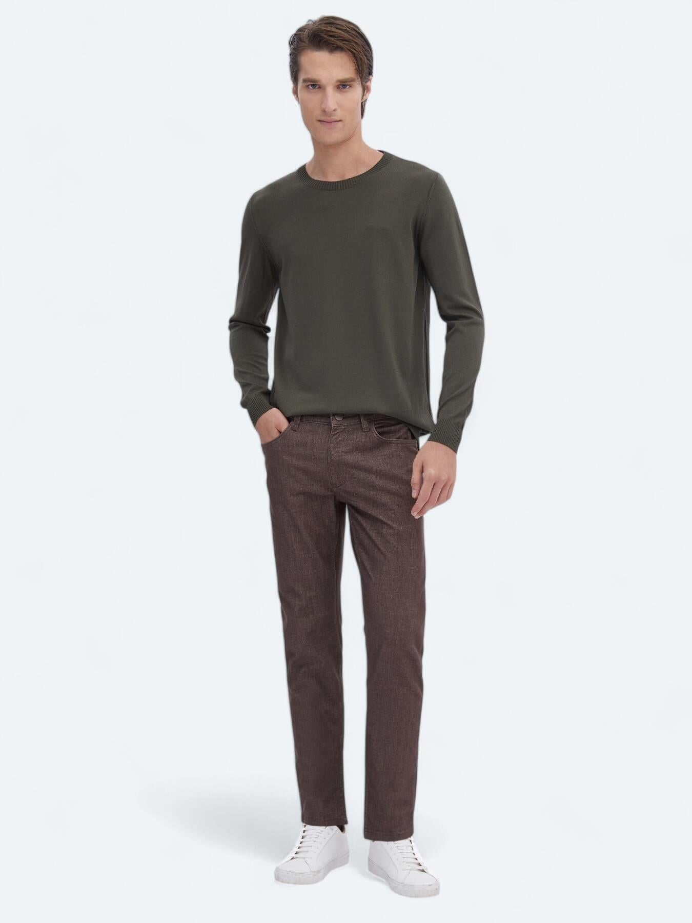 Kahverengi Dokuma Slim Fit Casual Pamuk Karışımlı Pantolon