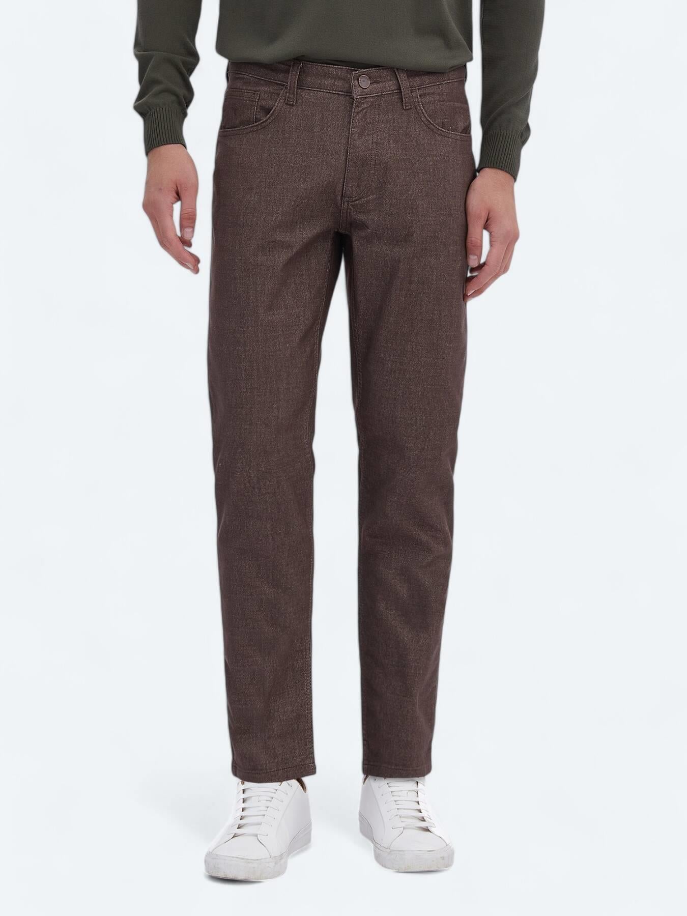 Kahverengi Dokuma Slim Fit Casual Pamuk Karışımlı Pantolon