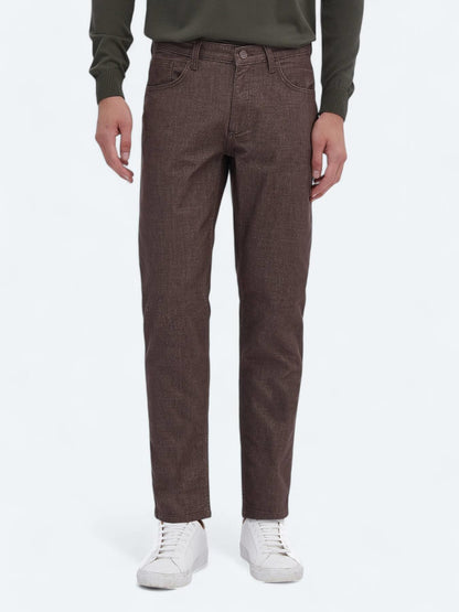 Kahverengi Dokuma Slim Fit Casual Pamuk Karışımlı Pantolon