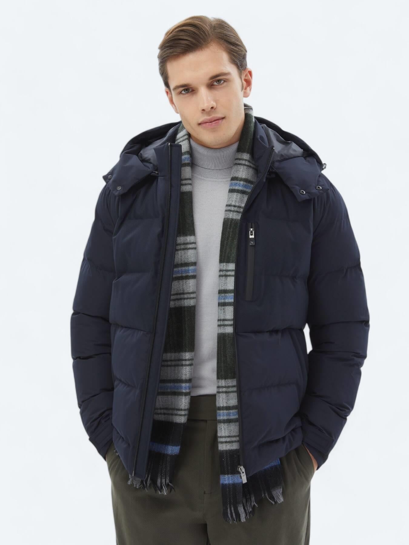 Lacivert Regular Fit Kapüşonlu Casual Dokuma Mont
