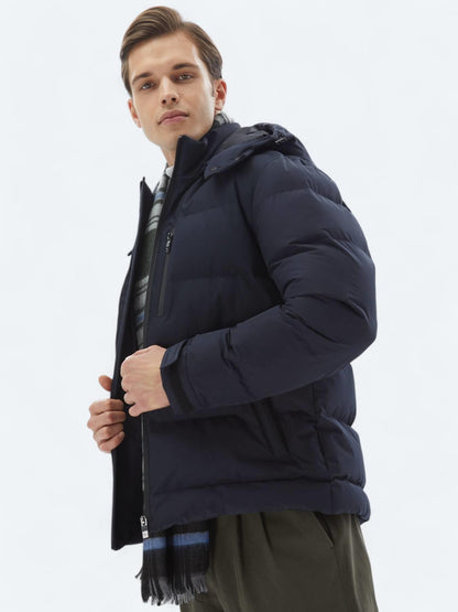 Lacivert Regular Fit Kapüşonlu Casual Dokuma Mont