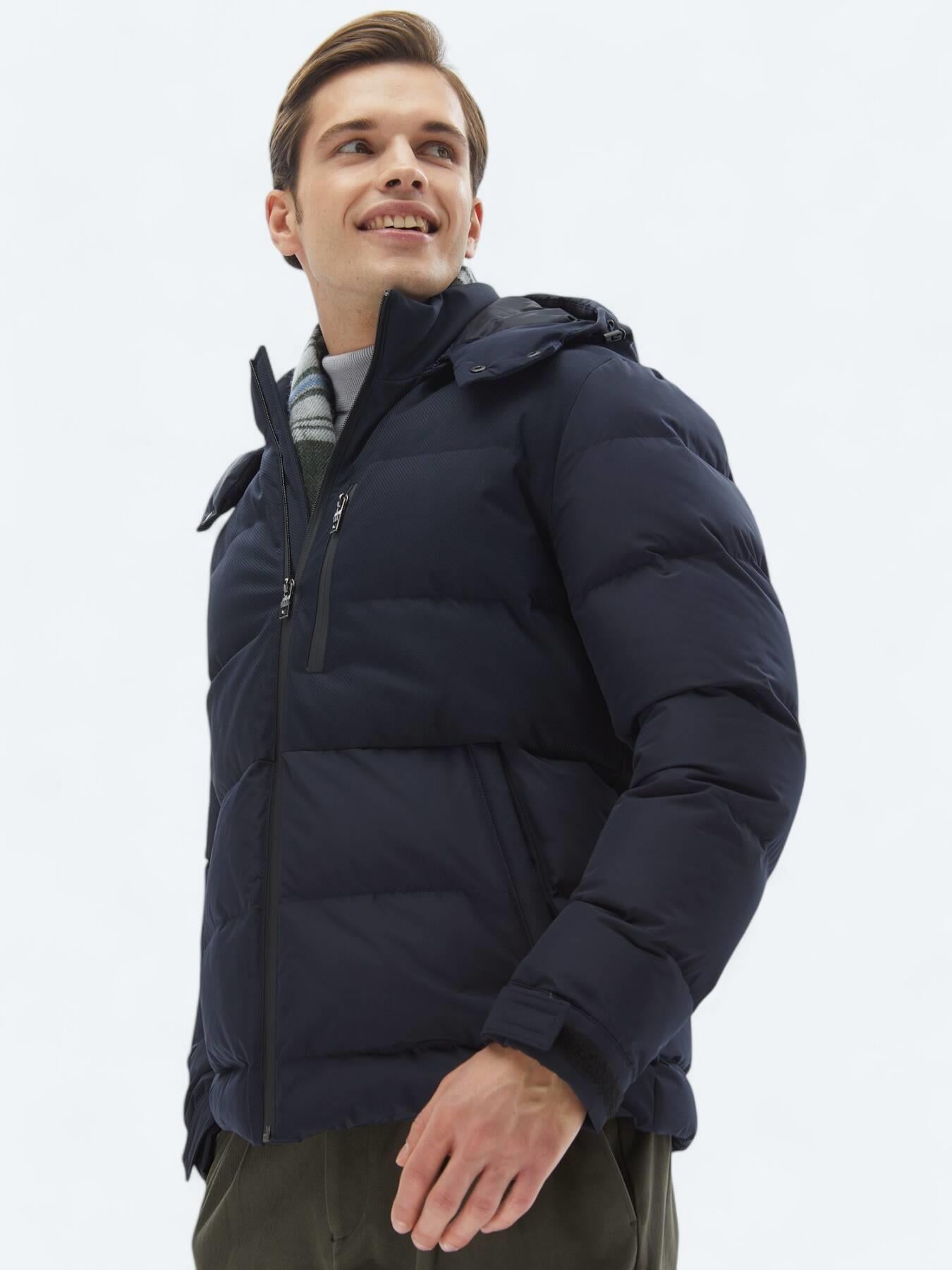 Lacivert Regular Fit Kapüşonlu Casual Dokuma Mont