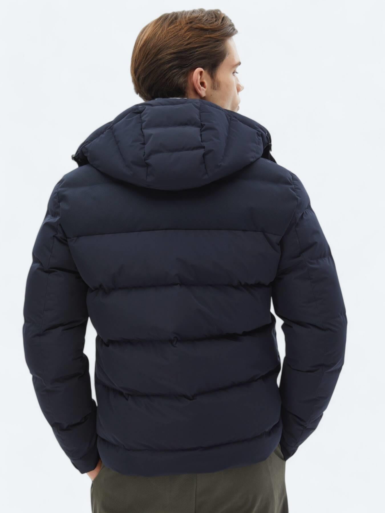 Lacivert Regular Fit Kapüşonlu Casual Dokuma Mont