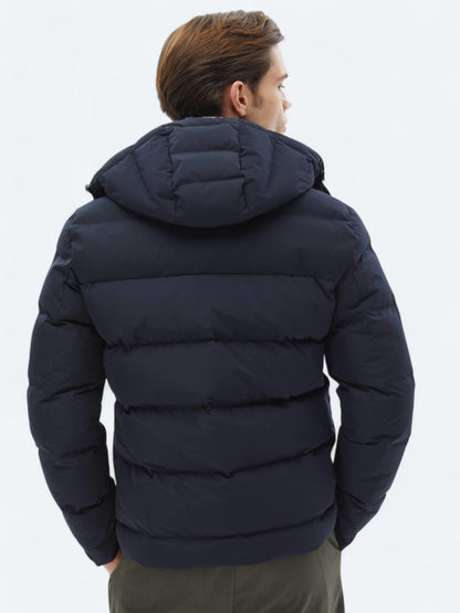 Lacivert Regular Fit Kapüşonlu Casual Dokuma Mont