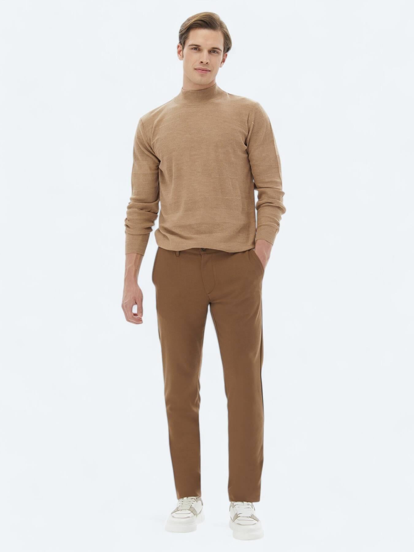 Kahverengi Dokuma Slim Fit Casual Pantolon