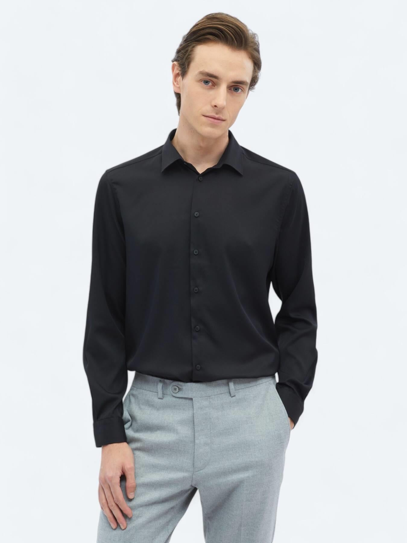 Siyah Düz Regular Fit Uzun Dokuma Casual Gömlek