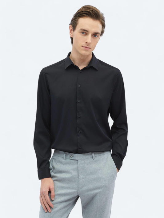 Siyah Düz Regular Fit Uzun Dokuma Casual Gömlek