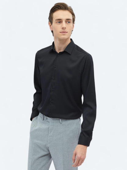 Siyah Düz Regular Fit Uzun Dokuma Casual Gömlek