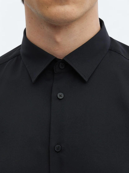 Siyah Düz Regular Fit Uzun Dokuma Casual Gömlek