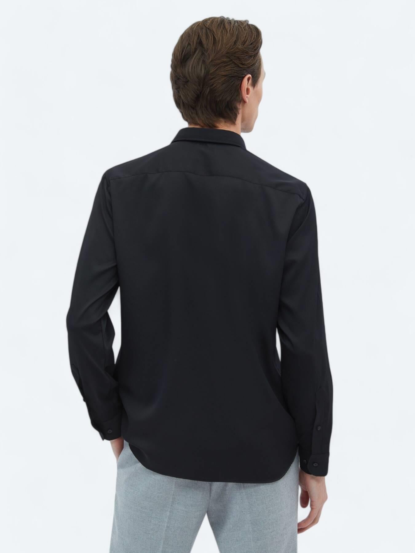 Siyah Düz Regular Fit Uzun Dokuma Casual Gömlek