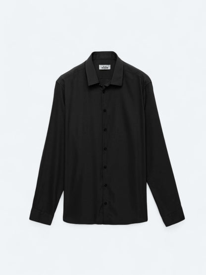 Siyah Düz Regular Fit Uzun Dokuma Casual Gömlek