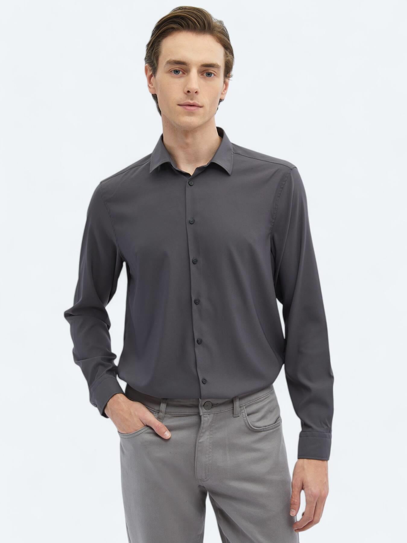 Antrasit Düz Regular Fit Uzun Dokuma Casual Gömlek