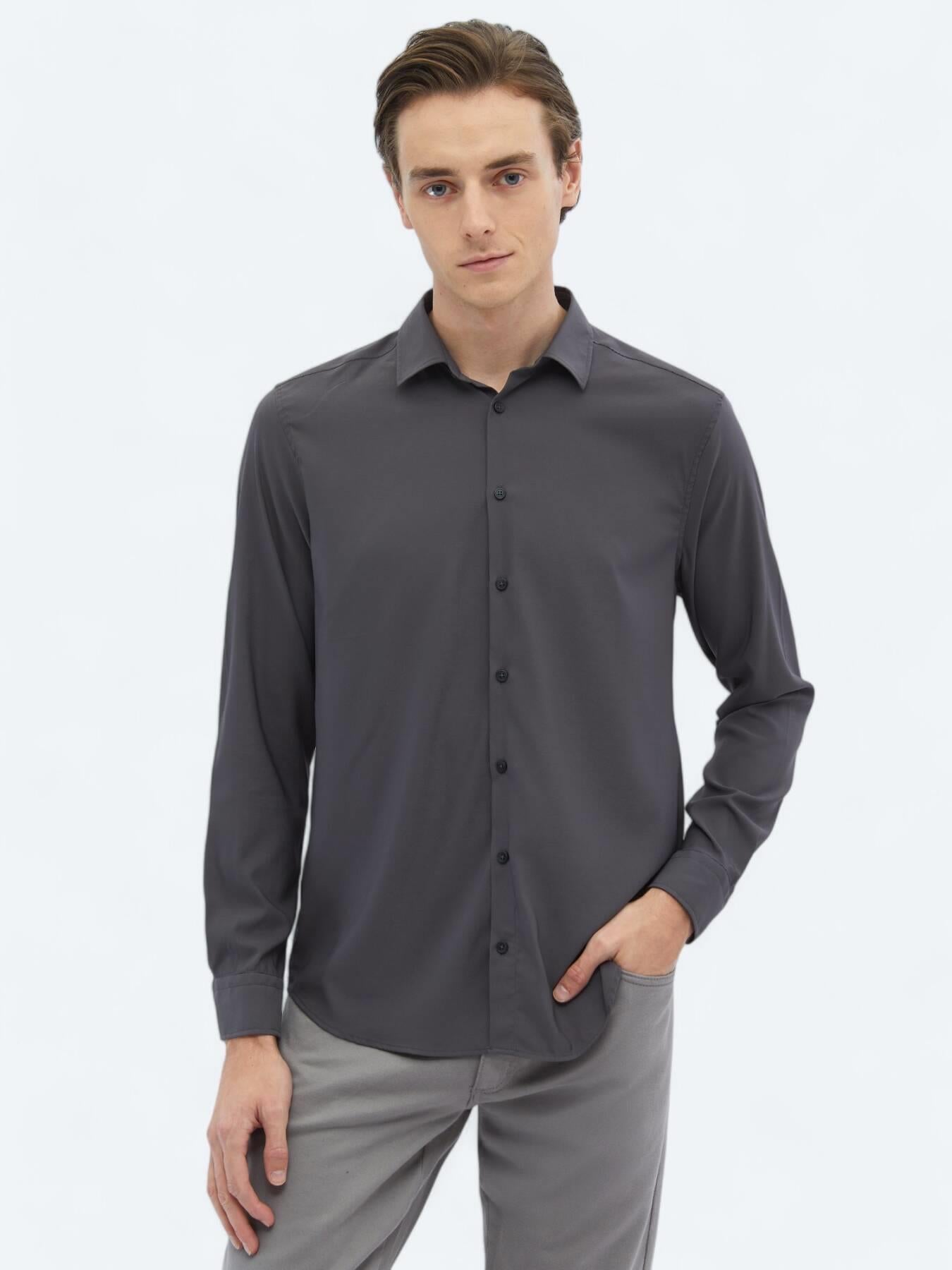 Antrasit Düz Regular Fit Uzun Dokuma Casual Gömlek
