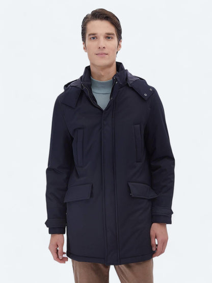 Lacivert Regular Fit Kapüşonlu Casual Dokuma Kaban