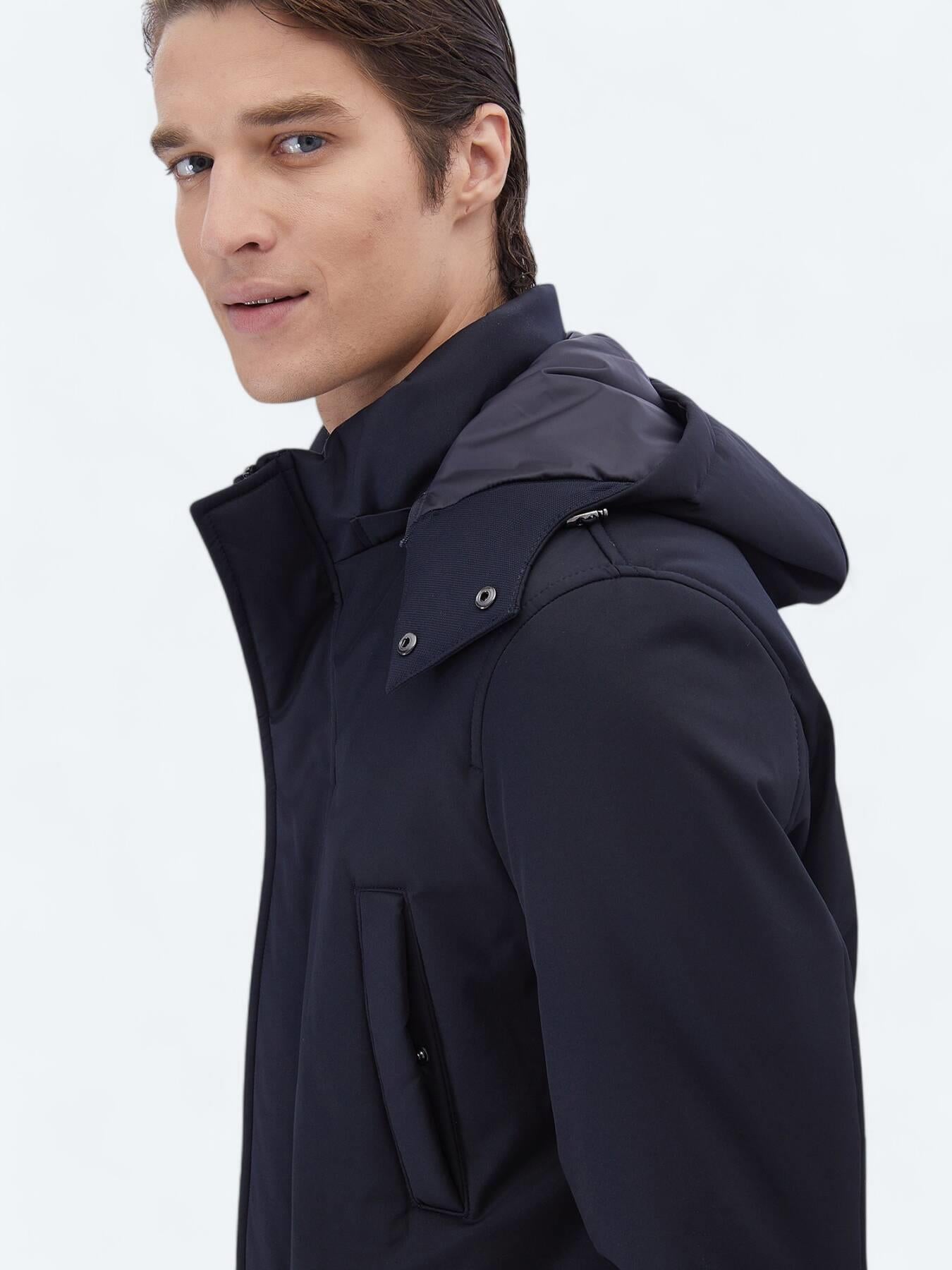 Lacivert Regular Fit Kapüşonlu Casual Dokuma Kaban