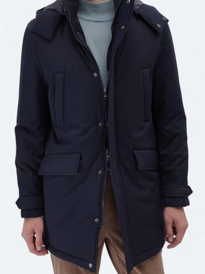 Lacivert Regular Fit Kapüşonlu Casual Dokuma Kaban
