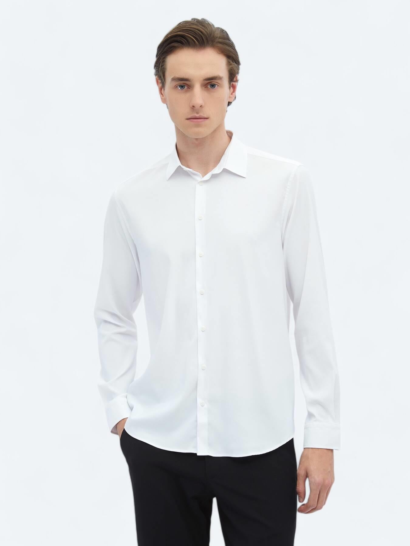 Beyaz Düz Regular Fit Uzun Dokuma Casual Gömlek