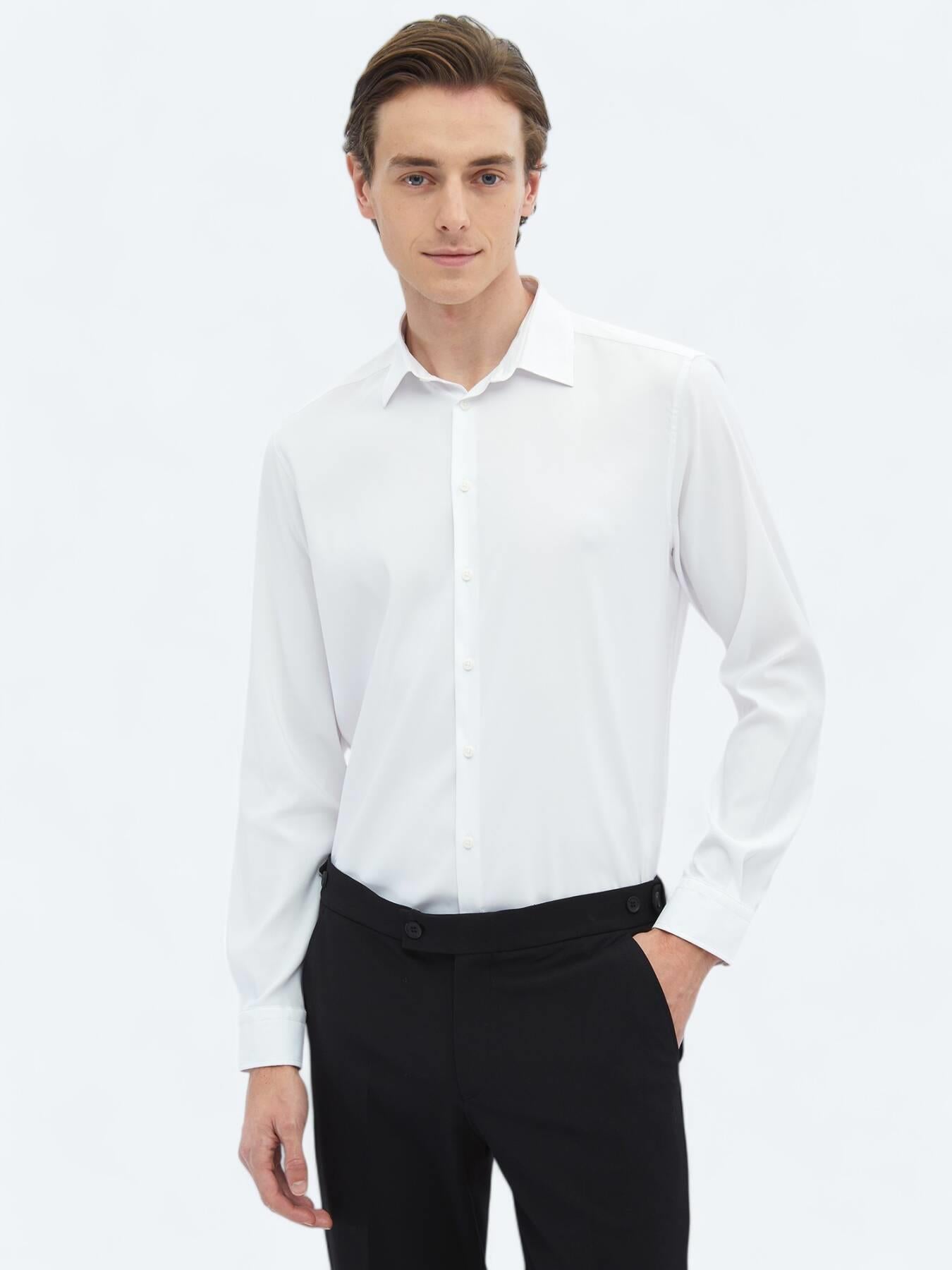 Beyaz Düz Regular Fit Uzun Dokuma Casual Gömlek