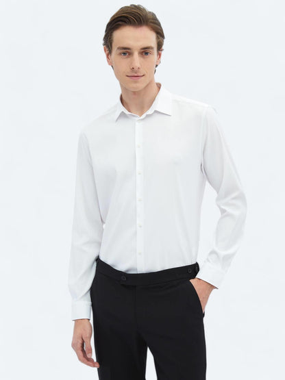 Beyaz Düz Regular Fit Uzun Dokuma Casual Gömlek